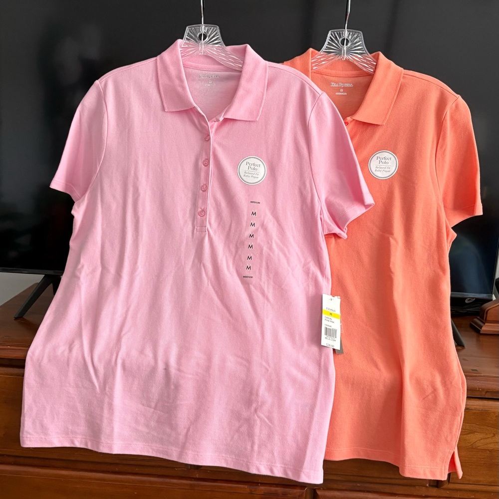Kim Rogers Relaxed fit polos. NWT. Medium. Pink and Coral. 😊 2 shirts.